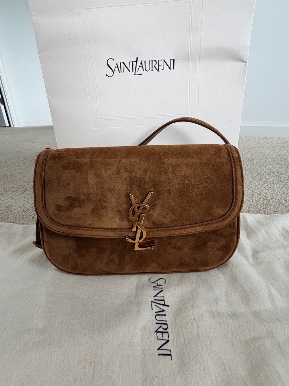 Saint Laurent Solforino Brown Suede Small Shoulder Bag with Gold YSL Logo